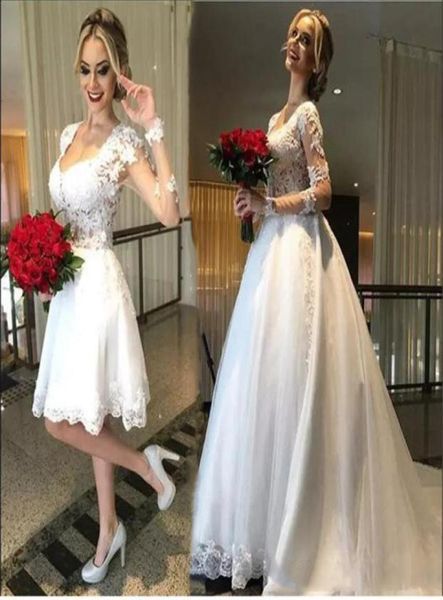 2022 Vestidos De Novia Zweiteiliges Spitzenhochzeitskleid Plus Size Illusion Back Langarm Brautkleider mit abnehmbarem Rock Custom3619756