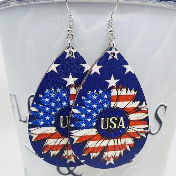 Orecchini pendenti Giorno dell'Indipendenza Girasole in legno Bandiera americana Goccia d'acqua per gioielli da donna