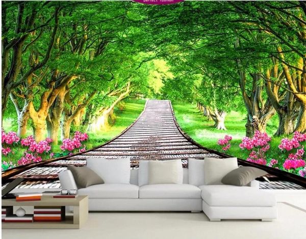 Wallpapers personalizado po 3d papel de parede verde madeiras e flores trilha fundo parede sala decoração murais para paredes 3 d