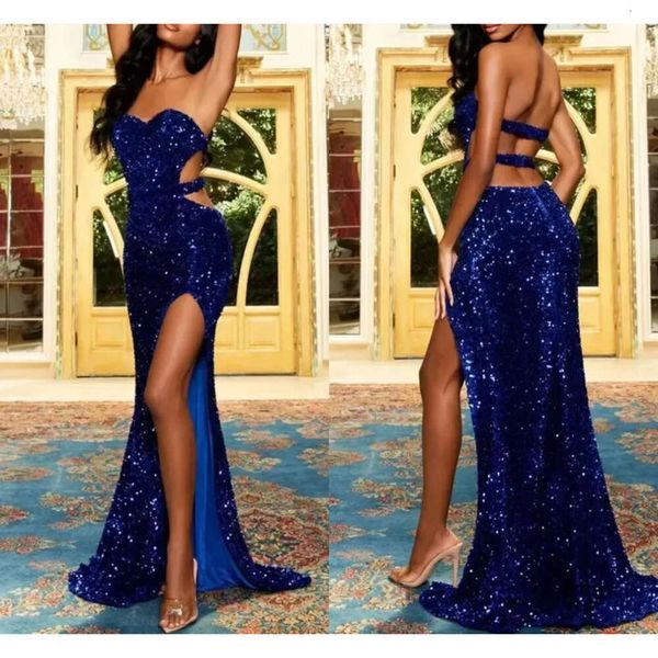 Royal Pailletten Blue Prom Kleider sexy trägerlos geschnittene Seiten Rückenfreie lange Abendkleider Oberschenkel High Split Party OCN Vestidos