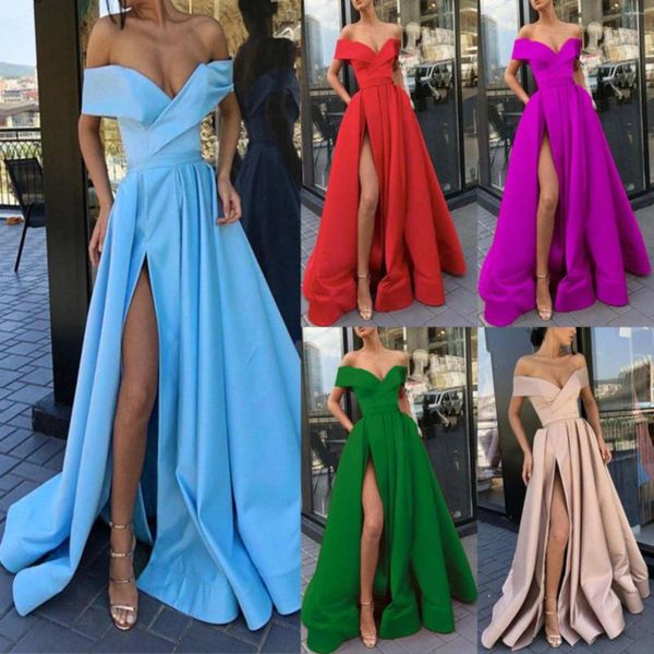 Lässige Kleider, schulterfrei, Cocktailparty-Kleid, sexy Split, tiefer V-Ausschnitt, rückenfrei, einfarbig, für Hochzeitsgäste, elegante lange Robe