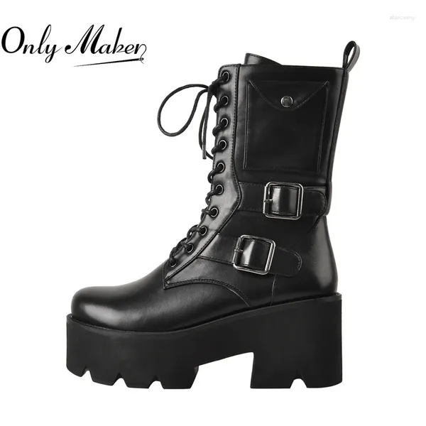 Botas Onlymaker Round Toe Chunky Salto alto para mulheres Matte Black Platform Lace Up Ankle Booties Fivela Bolso Lateral Zipper Tamanho Grande