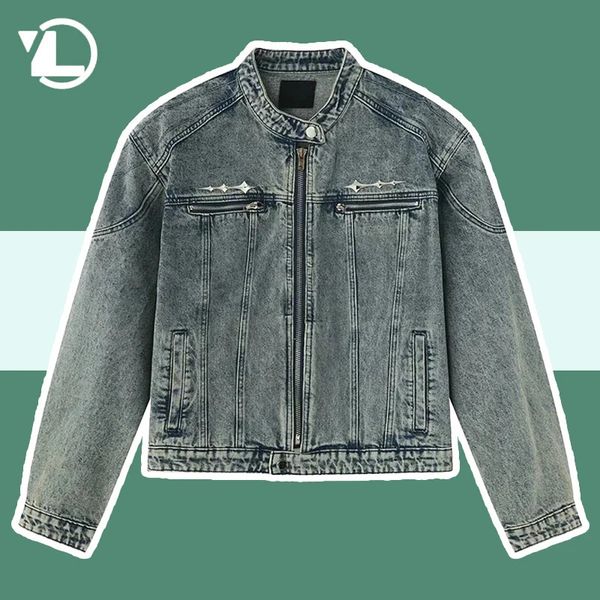 Mens Denim Jaquetas Hip Hop Angustiado Lavado Metal Design Bomber Cowboy Casacos High Steet Retro Curto Zíper Casual Outwear 240319