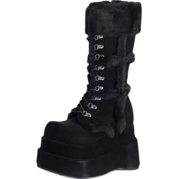 Stiefel Winter Girls Schwarze Wolle Fell Kreuz Schnüre vorne Plattform Mittelkalb Stiefel Frau Punk dicke Sohle Höhe Zunehmende Keilstiefel