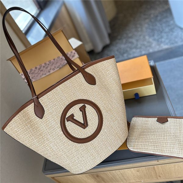 Женская дизайнерская соломенная сумка через плечо Летняя пляжная сумка Роскошная сумка-ведро с небольшой сумкой Травяные сумки для покупок Отпускные повседневные сумки