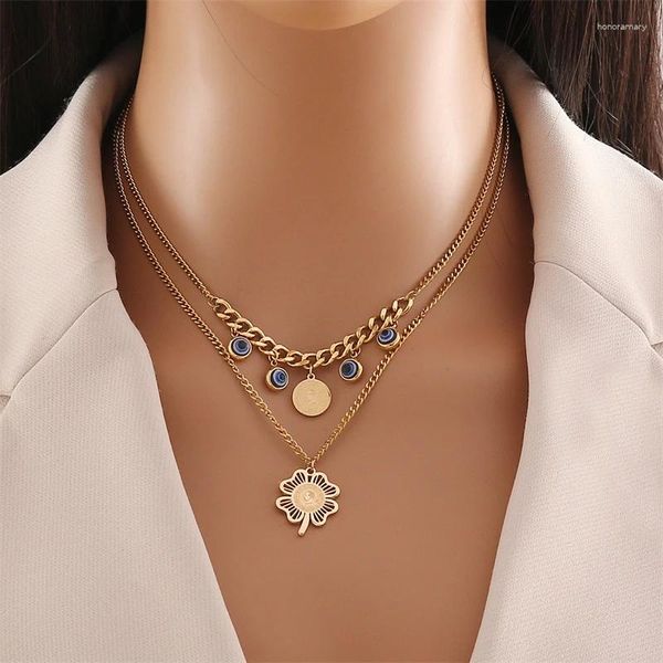 Halskette Ohrringe Set 316L Edelstahl Mode Edlen Schmuck Auge Münze Blumen 2-lagige Charm Kette Choker Halsketten Für Frauen