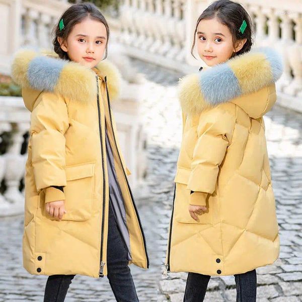 Piumino per bambini Giacca imbottita in cotone per ragazze Lungo inverno per bambini Vestiti con cappuccio con collo in pelliccia calda Capispalla 4 8 12T