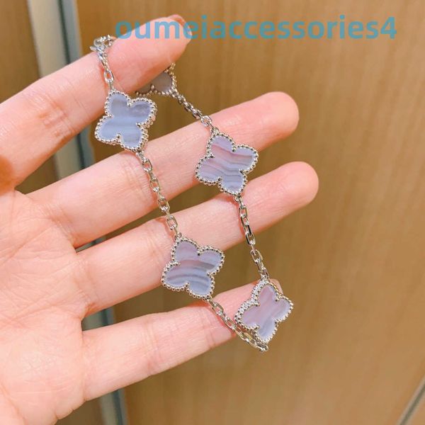 Designer de joias de marca de luxo Vanl Cleefl Arpelsbracelet Novo trevo de quatro folhas cinco flores natural roxo jade calcedônia pulseira presente simples para namorada