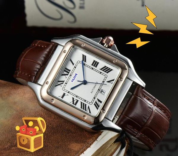 Orologio da uomo con quadrante semplice in pelle con calendario, movimento al quarzo, orologio da lavoro di lusso, super luminoso, popolare, quadrato, quadrante con serbatoio romano, disegno a filo, orologi reloj de lujo