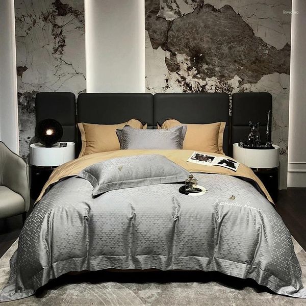 Set di biancheria da letto Set di cotone artigianale jacquard grigio Copripiumino Lenzuolo con angoli in lino Federe Tessili per la casa