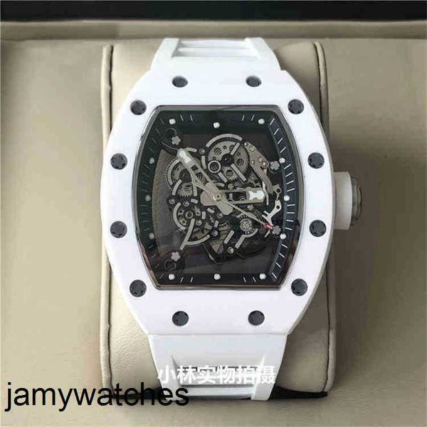 Relógio RicharsMill Luxo Mens Tipo Barril Mecânico Fibra de Carbono Automático Branco Cerâmica Personalidade Grande Dial Movimento Suíço Relógios de Pulso