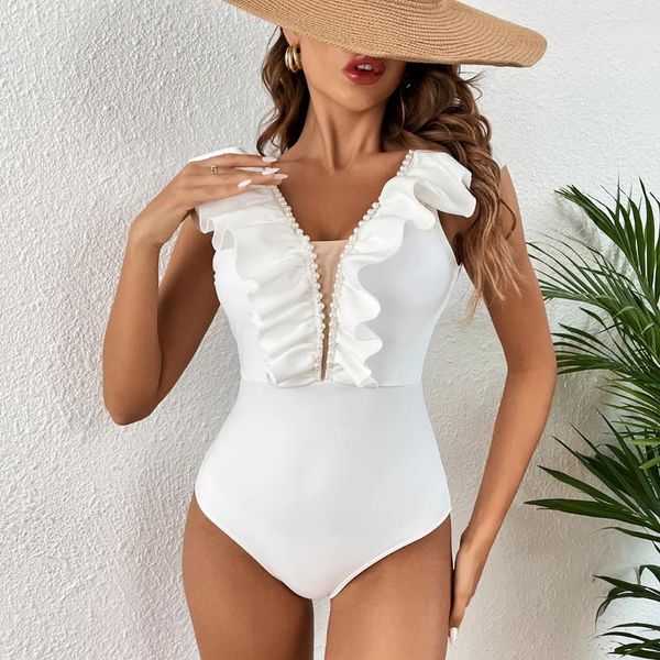 Costumi da bagno da donna 2024 Costume intero sexy con volant Stampa manica floreale Donna Costume da bagno con scollo a V profondo Abbigliamento da spiaggia Tuta dimagrante Monkini