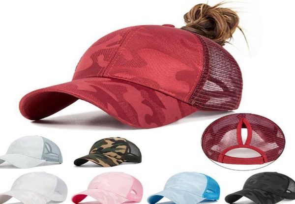 Yaz at kuyruğu dağınık topuz beyzbol şapkası hip hop kamuflaj nefes alabilen örgü sırt ayarlanabilir snapback şapka 7 renk ljjk20386811427