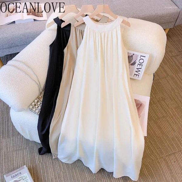 Vestidos casuais oceanlove primavera verão mulheres sólida moda coreana halter sem mangas vestidos mujer a-line elegante solto vestido longo