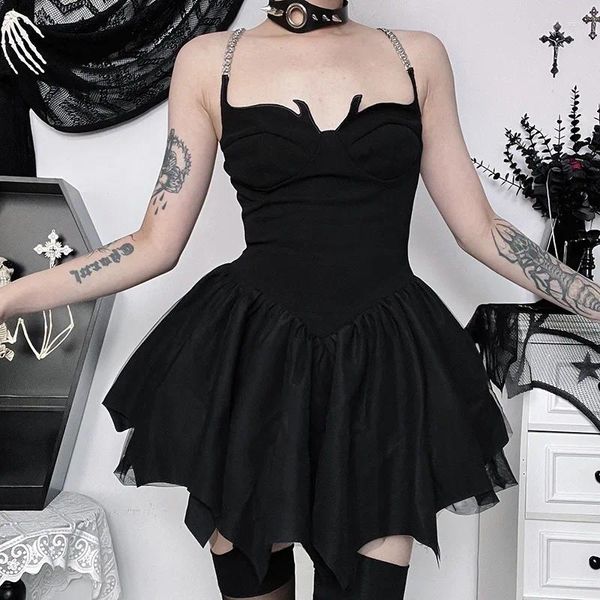 Vestidos casuais gótico corrente espaguete cinta cocktail bodycon vestido feminino punk assimétrico sem mangas sem costas vestido de baile festa