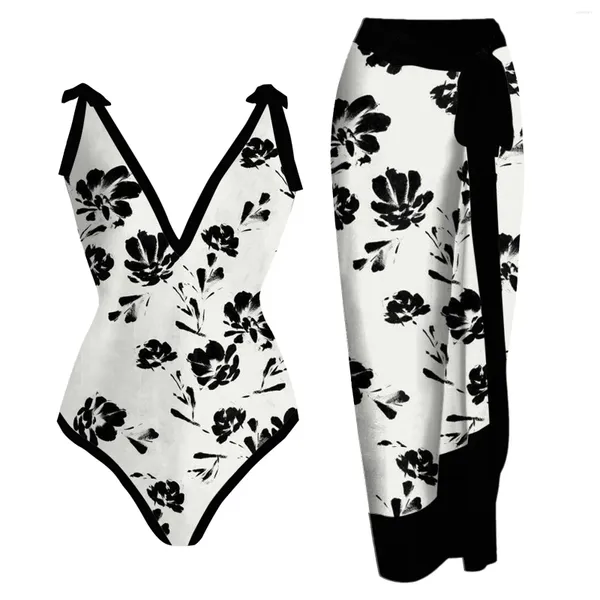 Damen-Bademode, Damen-Badeanzug mit Bikini, Maxi-Wickelkleid, 2-teiliges Blumenoberteil, BH-Größe, Sonnenblume, zwei Outfits für Damen