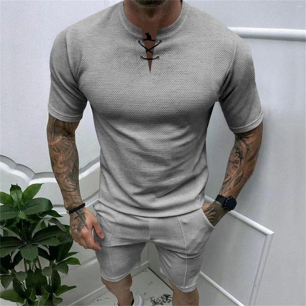 Fatos masculinos verão respirável duas peças volume t camisa shorts conjunto xadrez texturizado mens plissado tux homem 3 terno