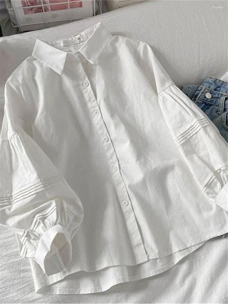 Blusas femininas roupas 2024 primavera senhora do escritório turn neck botão retalhos manga longa moda puff all-match solto camisa branca