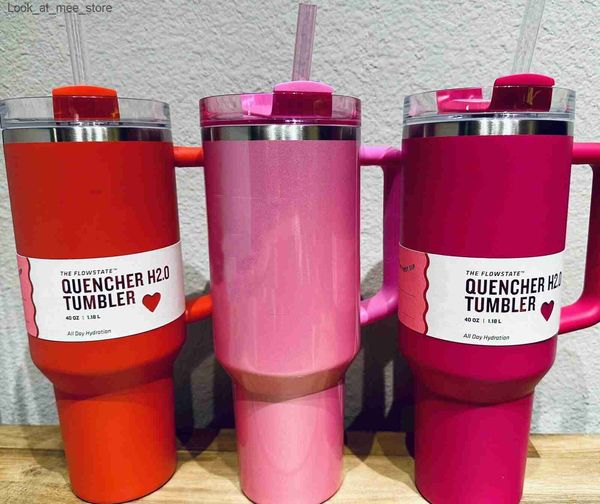 Canecas Preto Chroma Chocolate Ouro 40oz Quencher Tumblers Rosa Co-ed Cosmo Flamingo Copos de aço inoxidável com tampa de alça de silicone e canecas de carro de palha Q240322