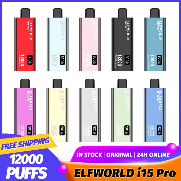 Оригинальная ELFWORLD ELF WORLD i15 PRO 12000 затяжек 12K Puff Электронная сигарета Vape Pen Одноразовое устройство Регулируемый воздушный поток 18 мл с перезаряжаемой батареей емкостью 600 мАч Тип C Сетчатая катушка