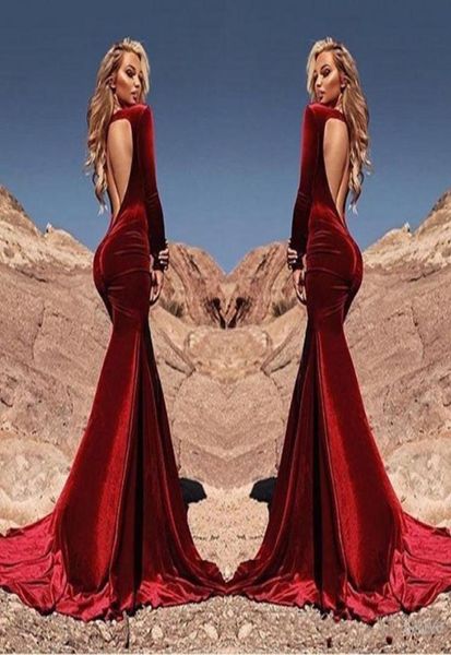 Sexy cabido sereia vermelho escuro veludo vestidos de baile 2019 vestidos de fiesta mangas compridas ruched sem costas celebridade vestido de noite 2553591