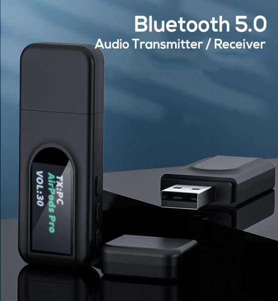 Transmissor receptor bluetooth 50 com display mini estéreo usb 35mm adaptador de áudio sem fio para tv pc carro fones de ouvido5622177