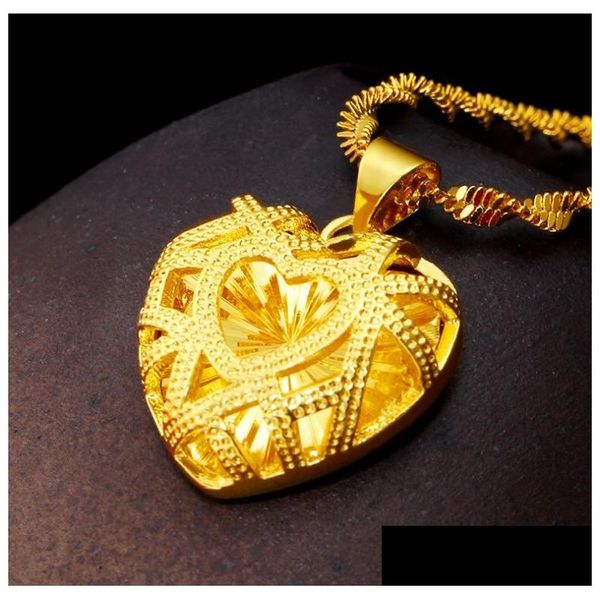 Ожерелья с подвесками Классические женские украшения Настоящее 18-каратное золото Сердце Дизайн Ожерелье 16-30 дюймов Цепочка с волнами воды Подвески для доставки Dh1Ul