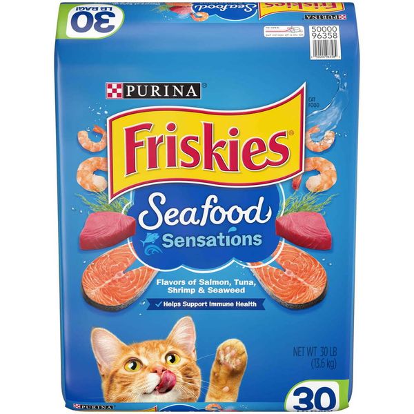 Purina Friskies Cibo secco per gatti Sensazioni di frutti di mare ad alto contenuto proteico, Borsa da 30 libbre