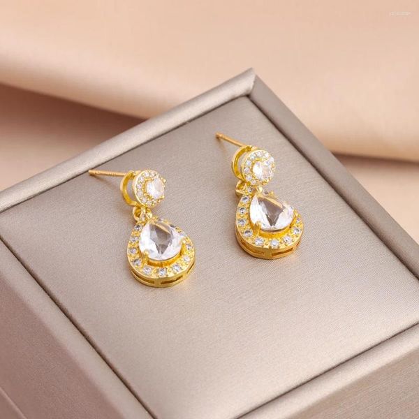 Brincos de garanhão 18k banhado a ouro zircão cristal gota de água para mulheres moda feminina joias de aço inoxidável atacado