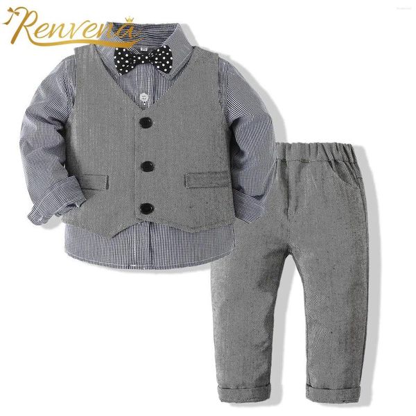 Set di abbigliamento Bambini Neonati maschi Vestito da gentiluomo Camicia a maniche lunghe a righe Papillon Gilet e pantaloni Abito da 4 pezzi per la festa di compleanno di battesimo