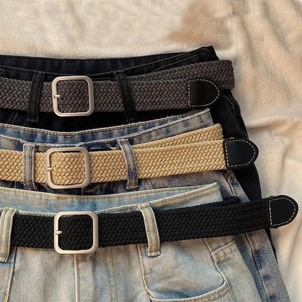 Cinture da donna con fibbia in metallo quadrata intrecciata in tinta unita per donna/uomo, comodo cinturino in jeans non elasticizzato