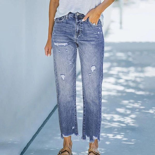 Jeans femininos 2024 lápis tornozelo comprimento rasgado fino ajuste cintura alta vintage streetwear moda casual estiramento azul para mulher