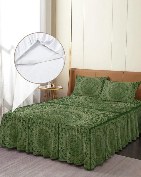 Юбка-кровать в богемном винтажном стиле с цветком мандалы, зеленое эластичное покрывало с наволочками, наматрасник, комплект постельного белья, простыня