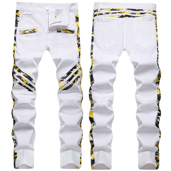 2022 Quatro Estações Marca de Moda Branco Camo Trendy Emendado Elástico Slim Fit Jeans Masculino