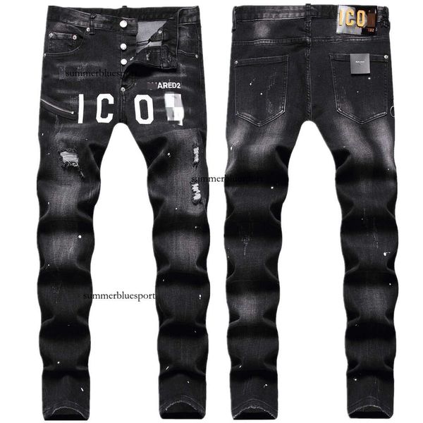 Chaopai buraco quebrado bordado chaoxian zíper interno decoração impressão digital colorida slim fit jeans elástico para homens