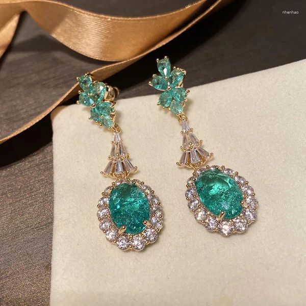 Dangle Küpeler Lüks Takı Okyanusu Yeşil Kırık Kristal Retro Simüle Emerald Su Damlası Armut şeklinde Uzun Küpe Kadınlar için