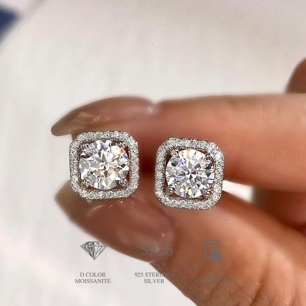 DW-zertifizierter Diamant, ungewöhnliche quadratische Halo-Ohrstecker für Damen, 925er Sterlingsilber, trendiger Modeschmuck, 240228