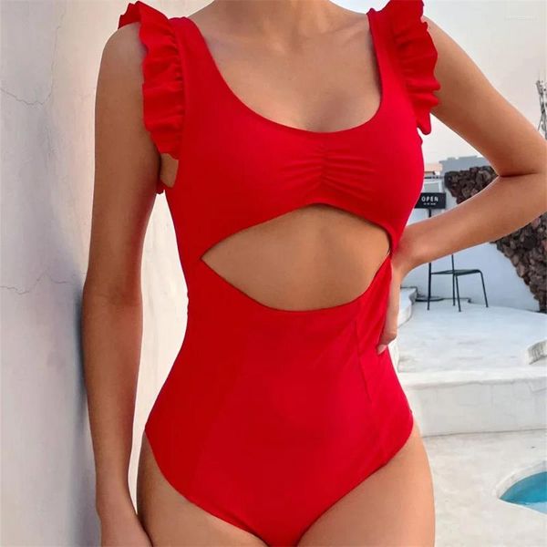 Kadın Mayo Kırmızı Bikini Ruffles mayo kesilmiş tek parçalı seksi kadınlar plaj kıyafeti mikro bikinis setleri banyo yüzme takım elbise monokini