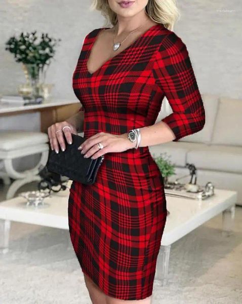 Abiti casual da ufficio per le signore 2024 Summer Plaid Plunge manica lunga aderente abito sexy da donna primavera lavoro elegante midi