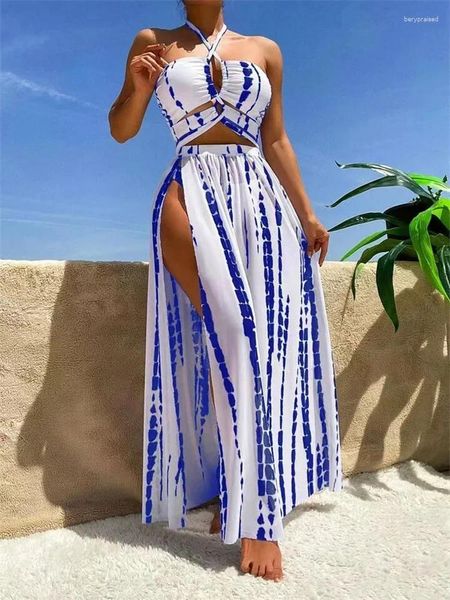 Costumi da bagno da donna Sexy Halter Lace-up Donna Blu Tie Dye Gonna a righe Bikini 3 pezzi Set 2024 Costume da bagno da spiaggia Costume da bagno a vita alta