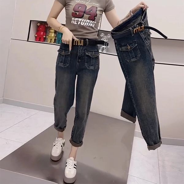 Y2k kadın kot pantolon artı beden kadın sonbahar yüksek bel streç mikro skinny jeans şişman kız kardeş mm gevşek ince harlan baba pantolon 240320