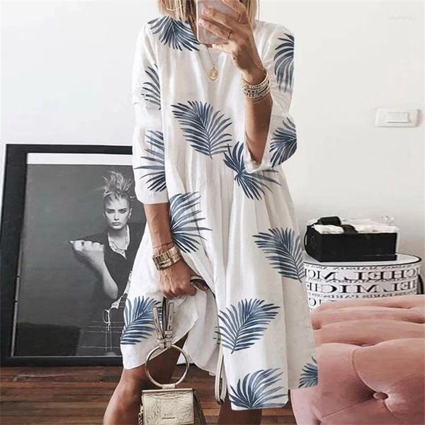 Lässige Kleider Vintage Boho Palmblatt Druck Schmetterling Frauen hohe Taille O Hals Big Saum Baumwolle Lose Kurzwaden Damen 5xl