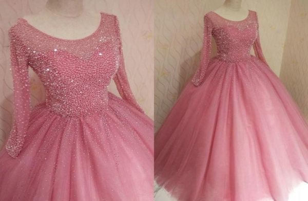 Abiti da ballo Quinceanera a maniche lunghe vintage Dusty Rose Abito da ballo Vestido De Noiva Perline Paillettes Tulle Abito lungo dolce 16 Vestido3090603