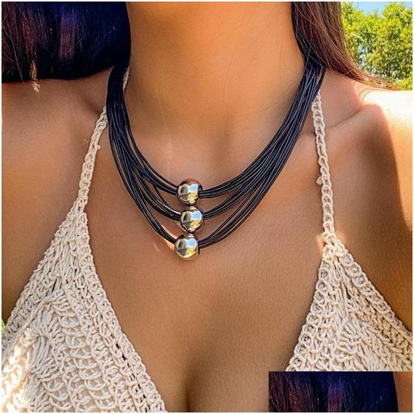 Чокеры Choker Ingesight.Z Vintage Mtilayer Ccb Ball Черное кожаное восковое ожерелье Женское готическое панк Короткая цепочка на ключицы Ювелирные изделия для Хэллоуина Otle2