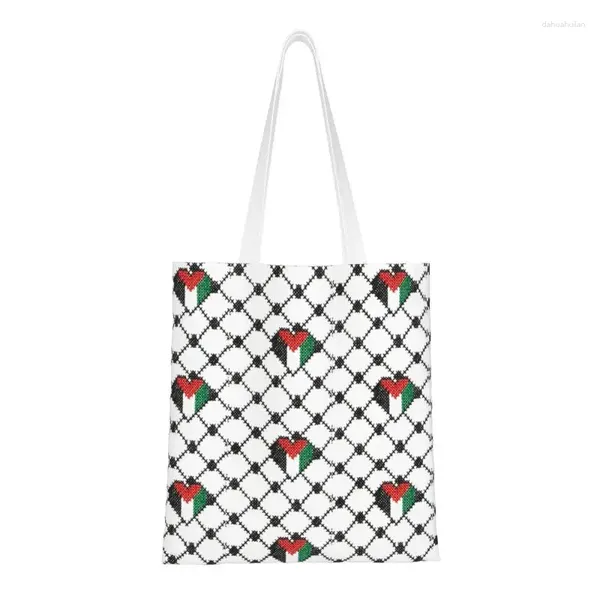 Sacos de compras Bandeira palestina Coração Impressão de mercearia Canvas Shopper Bolsa de ombro Palestina Hatta Kufiya Bolsa bordada