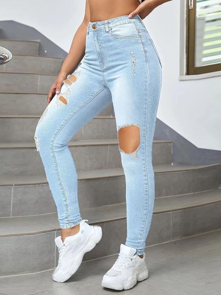 Kadın Kotları Kadınlar Yaz Moda Yüksek Bel Streç Kişiselleştirilmiş Delik Kırma Denim Pantolon