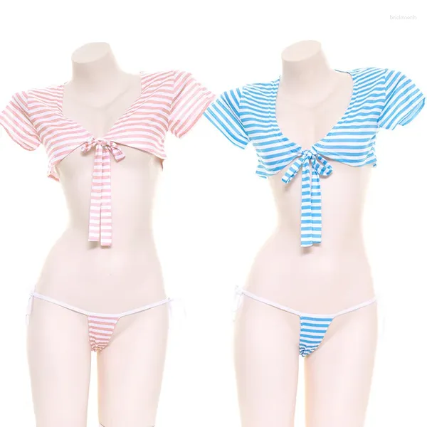 Costume da bagno da donna Studentessa Spiaggia Strisce Bikini Allacciatura sul petto Costume da bagno diviso Studente Rosa Uniforme Tentazione Lingerie Cosplay