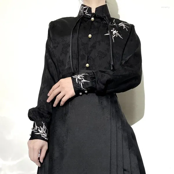 Camicette da donna Camicia nera da donna Colletto alla coreana doppiopetto Hanfu originale Temperamento coordinato quotidiano Fiocco monopetto