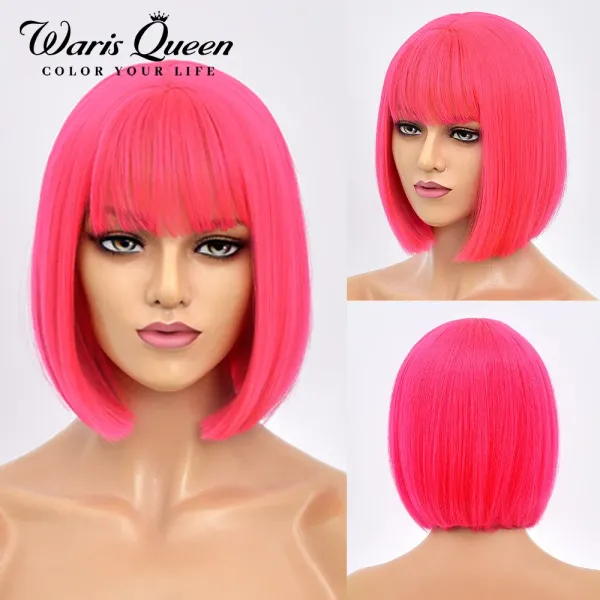 Perücken Kurze Bob-Perücke mit Pony, synthetische Perücken für Frauen, gerade, Ombre, Rose, Rot, Rosa, 12 Zoll, hitzebeständig, Lolita, Cosplay, Party-Haar