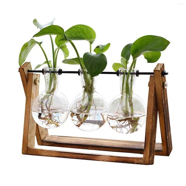 Vasen Pflanzenterrarium mit 3 Glühbirnen Vase Holzständer Metall Drehhalter Retro Tischplatte für Zimmerpflanzen Liebhaber Geschenke